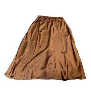 Oak + Fort XS metallic copper brown midi skirt pull on shiny event party flawed